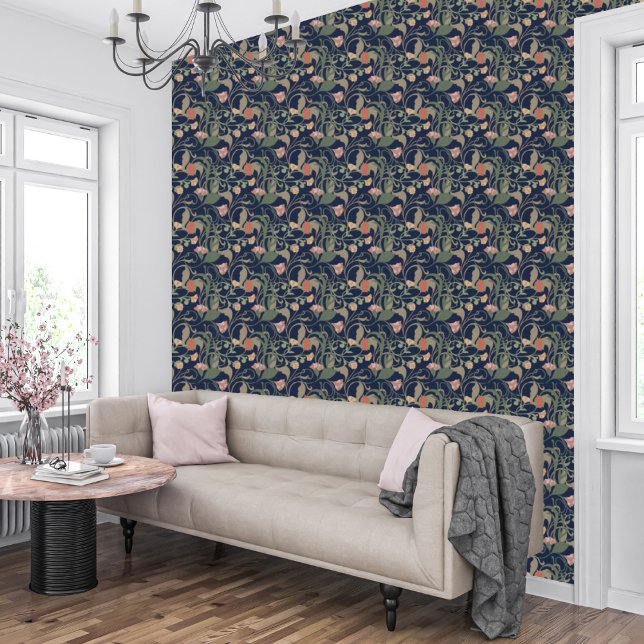 アンティークブルークラシックアールヌーボーフローラルパターン 壁紙 (クリエイターアップロード済み)