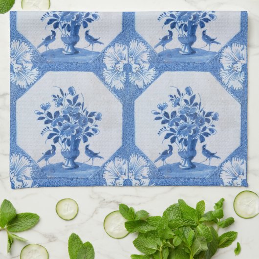 アンティークブルーバードデルフトフローラキッチンタオル キッチンタオル (折り畳み)