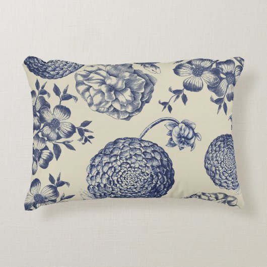 アンティークブルーフラワープリントフローラ アクセントクッション (正面)