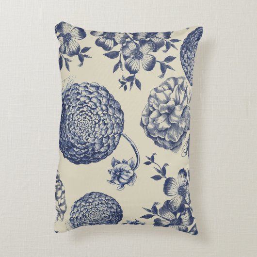 アンティークブルーフラワープリントフローラ アクセントクッション (裏面(縦))