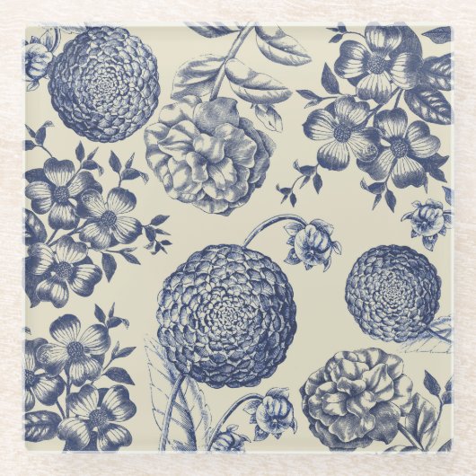 アンティークブルーフラワープリントフローラ ガラスコースター (正面)