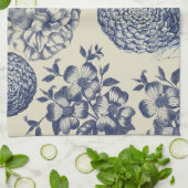 アンティークブルーフラワープリントフローラ キッチンタオル (折り畳み)