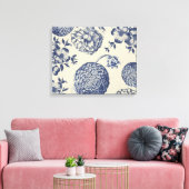 アンティークブルーフラワープリントフローラ キャンバスプリント (インサイチュ (リビング))