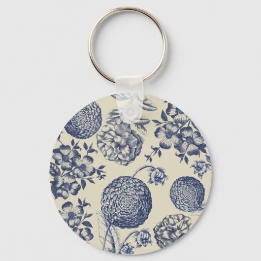アンティークブルーフラワープリントフローラ キーホルダー (正面)