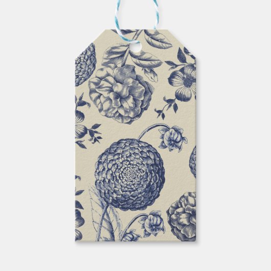 アンティークブルーフラワープリントフローラ ギフトタグ (正面)