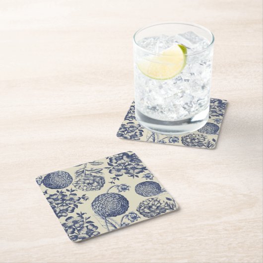 アンティークブルーフラワープリントフローラ スクエアペーパーコースター (インサイチュ)