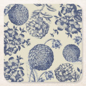 アンティークブルーフラワープリントフローラ スクエアペーパーコースター (正面)