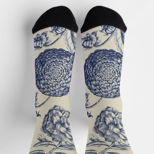 アンティークブルーフラワープリントフローラ ソックス (上部)