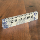 アンティークブルーフラワープリントフローラ デスクネームプレート (側面)