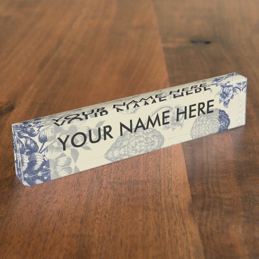 アンティークブルーフラワープリントフローラ デスクネームプレート (側面)