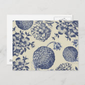 アンティークブルーフラワープリントフローラ ポストカード (正面/裏面)