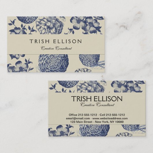 アンティークブルーフラワープリントフローラ 名刺 (正面/裏面)