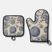 アンティークブルーフラワープリントフローラ 鍋つかみ&鍋敷きセット (正面)