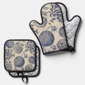 アンティークブルーフラワープリントフローラ 鍋つかみ&鍋敷きセット (正面/裏面)