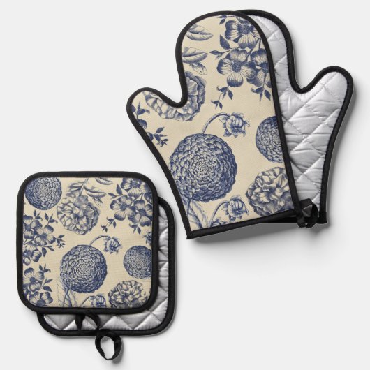 アンティークブルーフラワープリントフローラ 鍋つかみ&鍋敷きセット (正面/裏面)