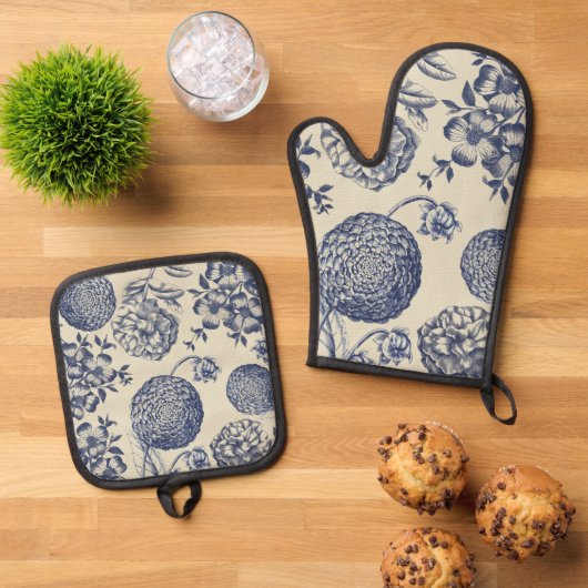 アンティークブルーフラワープリントフローラ 鍋つかみ&鍋敷きセット (トップダウン)