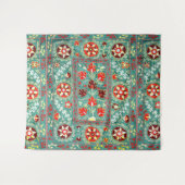 アンティークブルーレッド白フローラウズベク刺繍 タペストリー (正面(横))