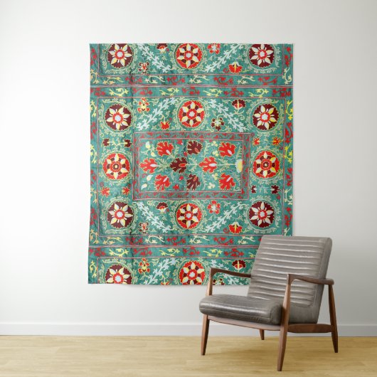 アンティークブルーレッド白フローラウズベク刺繍 タペストリー (インサイチュ)