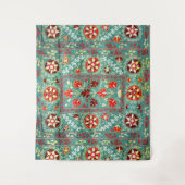 アンティークブルーレッド白フローラウズベク刺繍 タペストリー (正面)