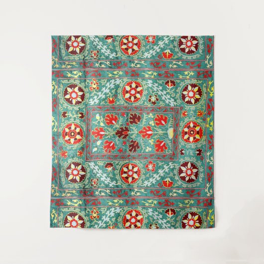 アンティークブルーレッド白フローラウズベク刺繍 タペストリー (正面)