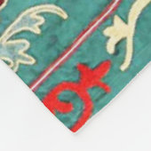 アンティークブルーレッド白フローラウズベク刺繍 フリースブランケット (角)