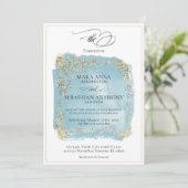 *~*アンティークブルー抽象芸術金ゴールド結婚グリッター 招待状 (スタンド正面)