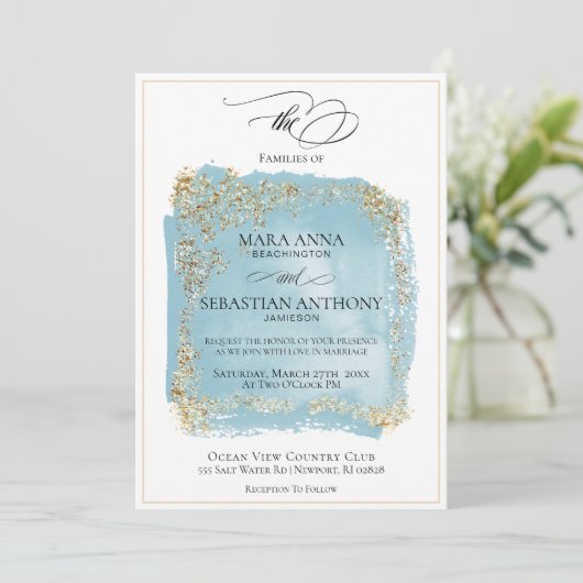 *~*アンティークブルー抽象芸術金ゴールド結婚グリッター 招待状 (スタンド正面)