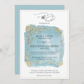 *~*アンティークブルー抽象芸術金ゴールド結婚グリッター 招待状 (正面/裏面)