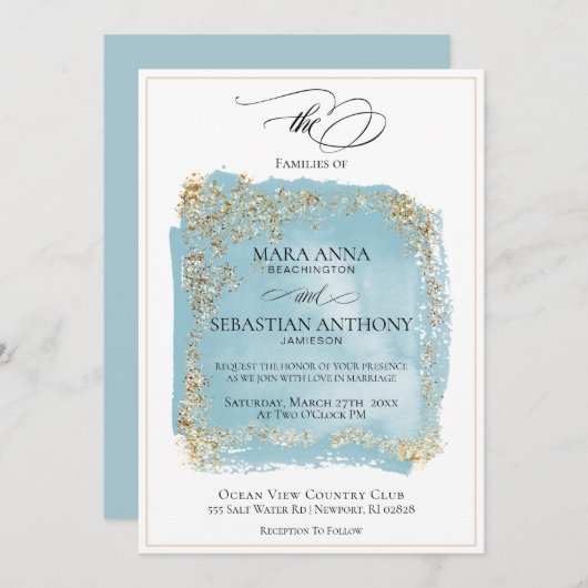 *~*アンティークブルー抽象芸術金ゴールド結婚グリッター 招待状 (正面/裏面)