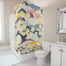 アンティークブルー白日本の着物フローラ花 シャワーカーテン