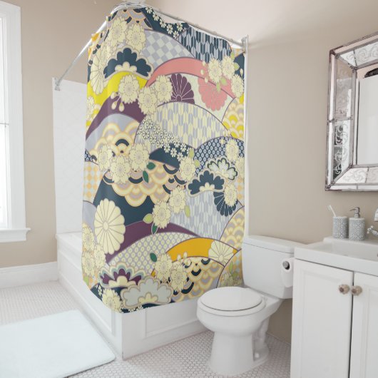 アンティークブルー白日本の着物フローラ花 シャワーカーテン (インサイチュ)