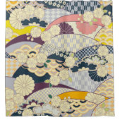 アンティークブルー白日本の着物フローラ花 シャワーカーテン (正面)