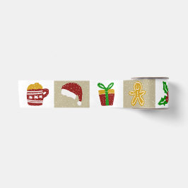 アンティークベージュのクリスマスアイコンと雪のデザイン サテンリボン