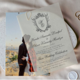 アンティークベージュフローラヴィンテージクレストフォト結婚ズ ベラム紙招待状