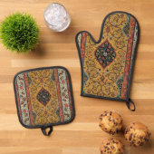 アンティークペルシアカーペットエレガントデザイン 鍋つかみ&鍋敷きセット (トップダウン)