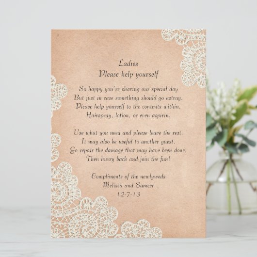 アンティークペーパーとレースのウェディングバスケットサイン (スタンド正面)