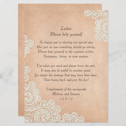 アンティークペーパーとレースのウェディングバスケットサイン (正面/裏面)