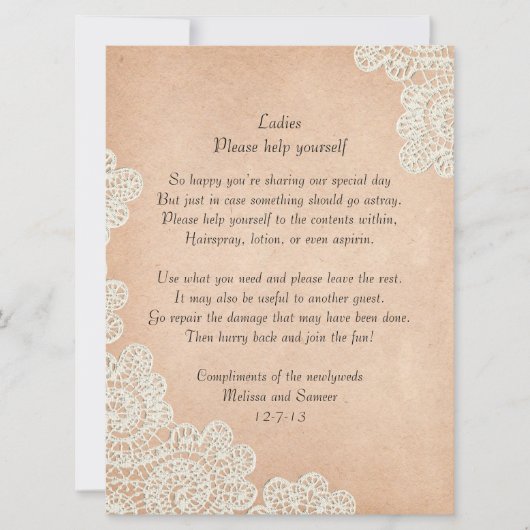 アンティークペーパーとレースのウェディングバスケットサイン (正面)