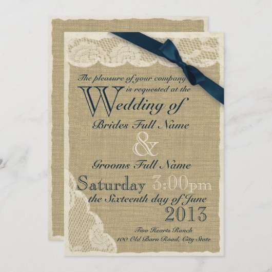 アンティークホワイトレースカントリーウェディングネイビー 招待状 (正面/裏面)