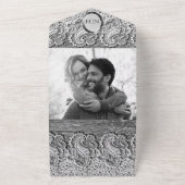 アンティークホワイトレースグレーウッドシルバー結婚ズ オールインワン招待状 (外側)