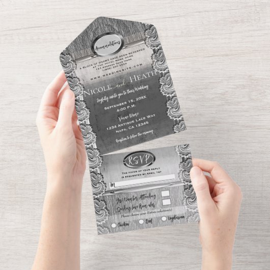 アンティークホワイトレースグレーウッドシルバー結婚ズ オールインワン招待状 (貼ってはがせる)
