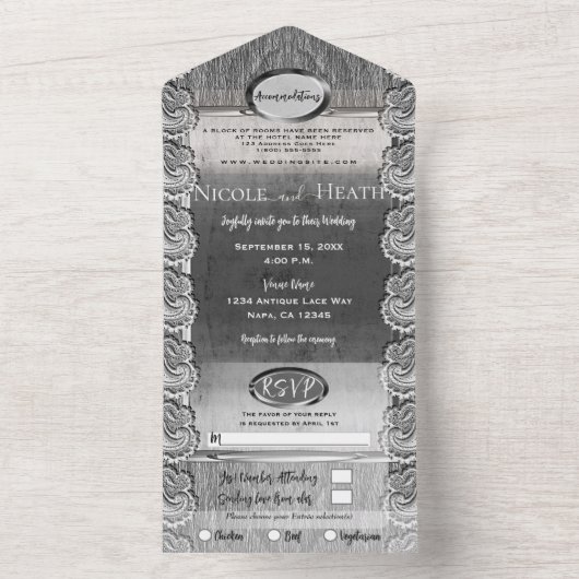 アンティークホワイトレースグレーウッドシルバー結婚ズ オールインワン招待状 (内側)