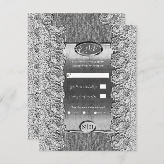 アンティークホワイトレースグレーウッドシルバー結婚ズ 招待状 (正面/裏面)