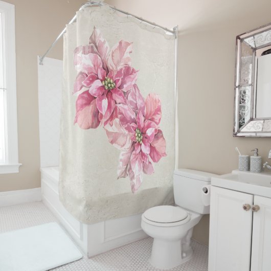 アンティークホワイトヴィンテージピンクポインセティアス シャワーカーテン (インサイチュ)