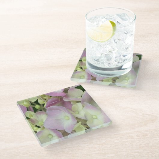 アンティークホワイト&ダスティピンクアジサイ花びら ガラスコースター (アングル)