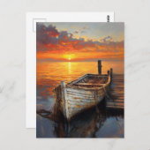 アンティークボート魚釣りネットバイザ波止場 ポストカード (正面/裏面)