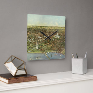 アンティークマップとワシントンDCのパノラマビュー スクエア壁時計