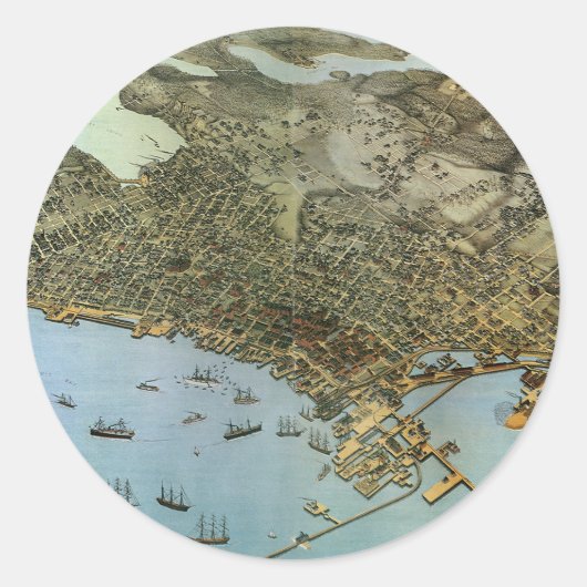 アンティークマップエアリアルビューシティオブシアトルワシントン ラウンドシール (正面)