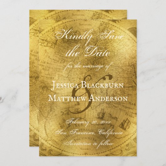 アンティークマップフェイクゴールドフォイルのカスタマイズ可能スクリプト セーブザデート (正面/裏面)