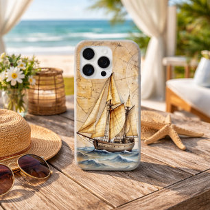 アンティークマップ入りヴィンテージ風船舶デザインのオリジナルグッズ iPhone 15 PRO MAXケース